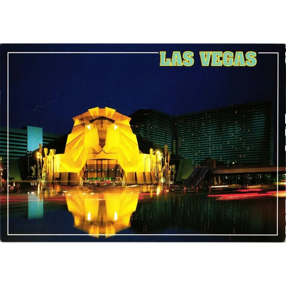 Las Vegas MGM Lion Statue Hotel Casino Postcard Night View Reflective Lighting